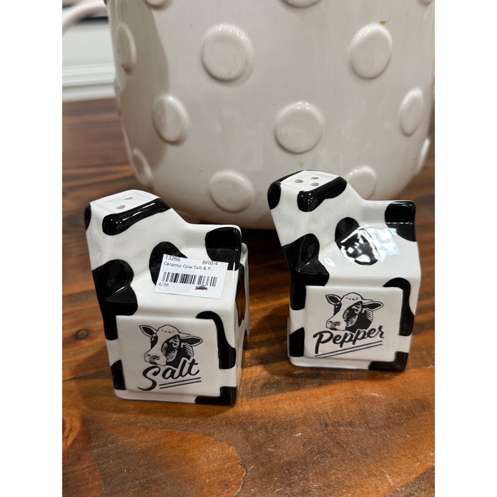 Ceramic Cow Print Milk Carton Salt and Pepper Shaker Set Black White Farmhouse